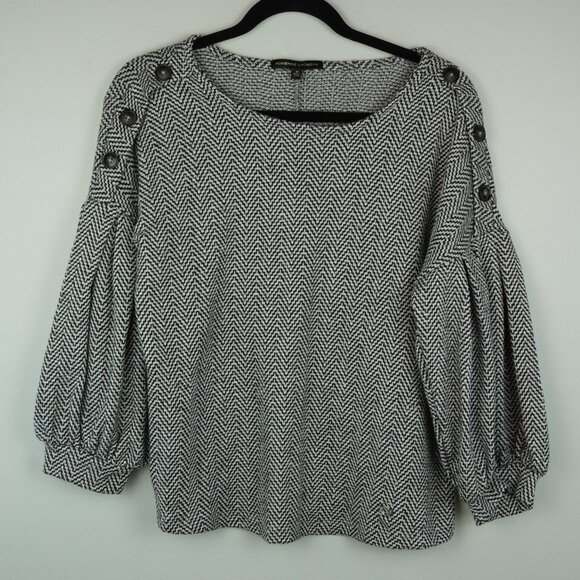Adrienne Vittadini Women's Blouse Chevron Balloon‎ Sleeve Top Black White Medium - Picture 1 of 7